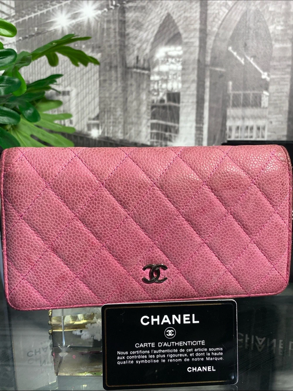 Authentic Chanel Pink Quilted Caviar Leather Flap L Yen Long Wallet